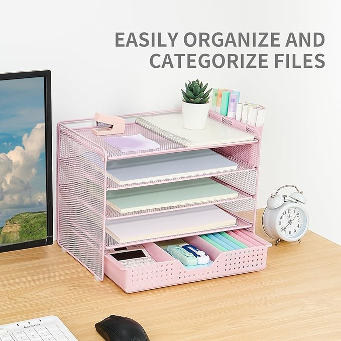 Desk Organizers and Accessories, 5-Tier Paper Letter Tray Organizer with Drawer & 2 Pen Holders, Desktop Organizer for Office Supplies (Pink)