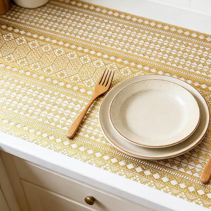 Drawer and Shelf Liner - Gold Geometric Lace Pattern,Non Adhesive Non Slip Waterproof Easy-Clean Shelf Liner for Kitchen Cabinet, Refrigerator, Bathroom, Pantry Storage Drawers, 12 in x 10 Ft