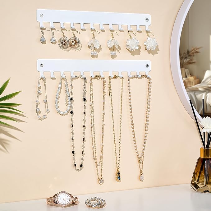 Drill-In Necklace Organizer: Sturdy Necklace Holder Wall Mounted with Hooks for Tangle-Free Jewelry Storage – Space-Saving Wall Necklace Hanger, White, 2 PCS