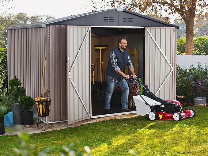 AECOJOY 8' x 10' Outdoor Storage Metal Shed, Steel Yard Garden Sheds & Outdoor Storage Clearance with Design of Lockable Doors, Utility and Tool Storage for Garden, Backyard, Patio, Outside use