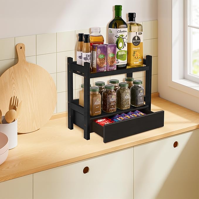 Sorbus Bamboo Bathroom Counter Organizer – 2-Tier Shelf with Hidden Drawer for Vanity, Matcha Station, Bathroom Sink Organizer Countertop, Kitchen & Office Storage (13″ L x 6.5″ W x 12.6″ H) (Black)
