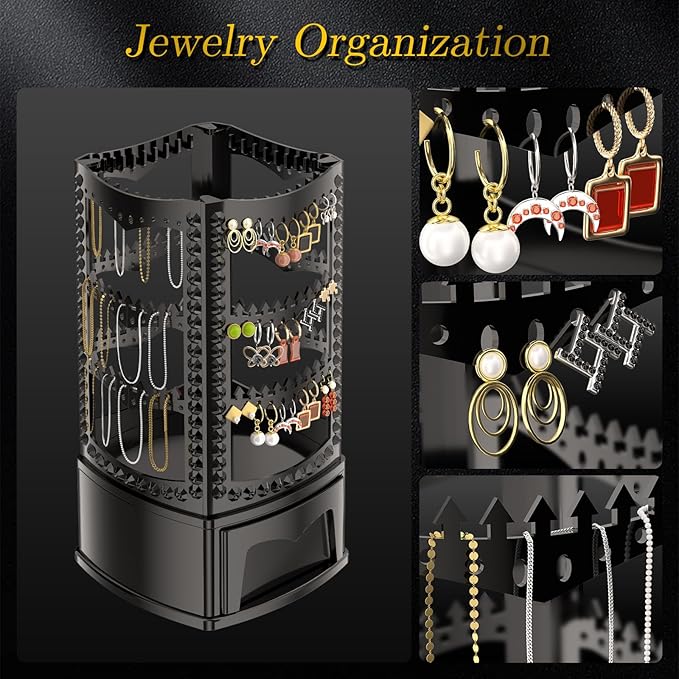 Hanging Jewelry Organizer with 10 Silver Polishing Cloths, Jewelry Holder with 156 Holes and 160 Grooves for Earring, Necklaces, Bracelet with Rotating Hanger, Easy Assembly (Black)