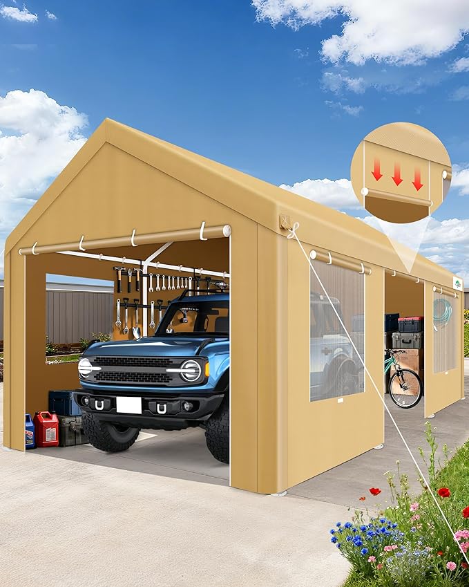 COBIZI Carport 12x20ft Heavy Duty Portable Garage, 2.0 Powder Coated Frame(Better Than Galvanized), Waterproof Shelter with Removable Sidewalls & Windows, Built-in Sandbags, for Car/Boat/SUV, Khaki