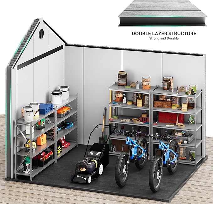 YITAHOME 8x10 FT Outdoor Storage Shed with 2 Vision Windows, Extra Thick Plastic Garden Shed, Waterproof Heavy Duty Resin Shed with Floor, Vents & Lockable Doors for Patio, Bikes Tools Supplies, Gray
