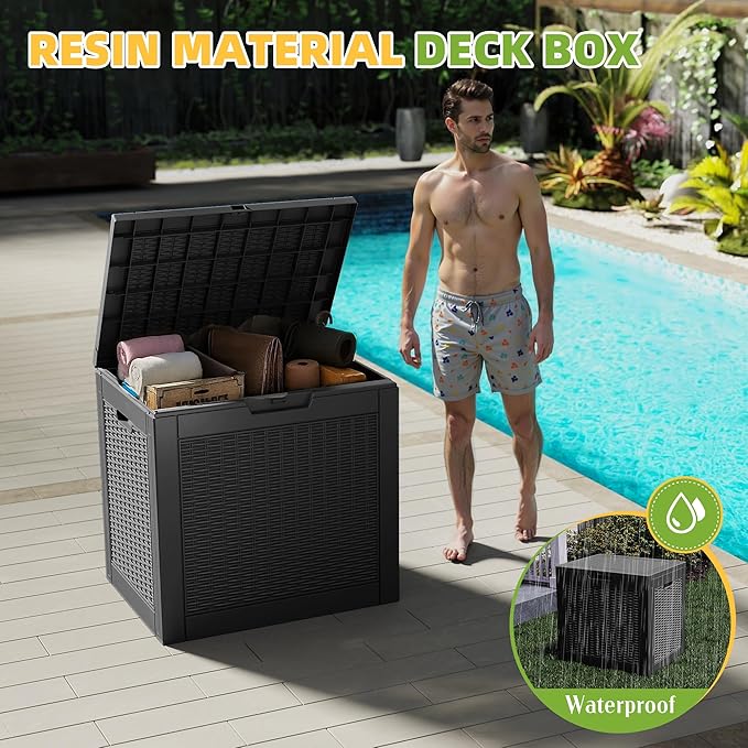 31 Gallon Waterproof Resin Deck Box, UV Resistant Outdoor Storage for Garden, Patio, Porch, Delivery（Black，31 Gallon）