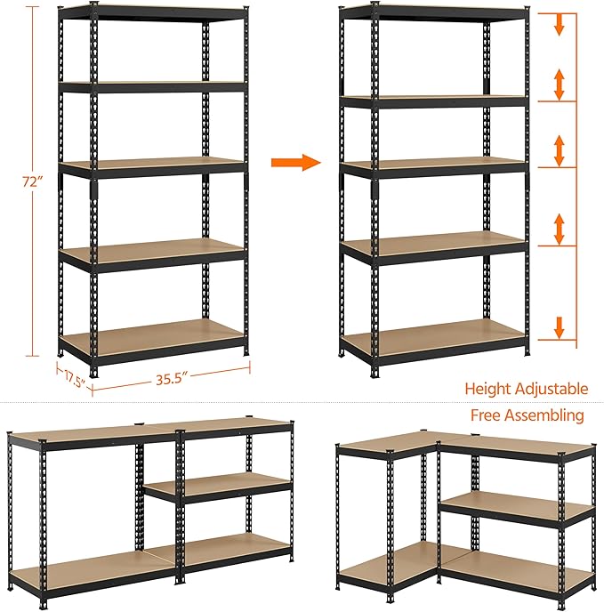Topeakmart 5-Tier Utility Shelves, Metal Storage Shelves Garage Shelving Unit Adjustable Garage Storage Shelves Storage Racks Heavy Duty Shed Shelving- Black, 35.5 x 17.5 x 72 Inch