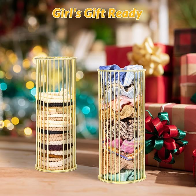 Gold Metal Hair Ties Holder Organizer – Stylish Scrunchie Stand with Side Opening for Easy Access – Countertop Hair Elastics Storage for Women & Girls, Set of 2 (Large & Small)