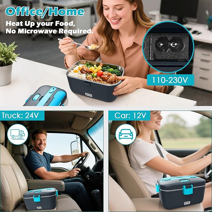 Electric-Lunch-Box-Heated-Food-Warmer 100W Heating Lunchbox for Adults 1.8L Portable Food Heater for Work/Car, 12V/24V/110-230V Lonchera Eléctrica Portátil with Fork Spoon (Gray+Blue)