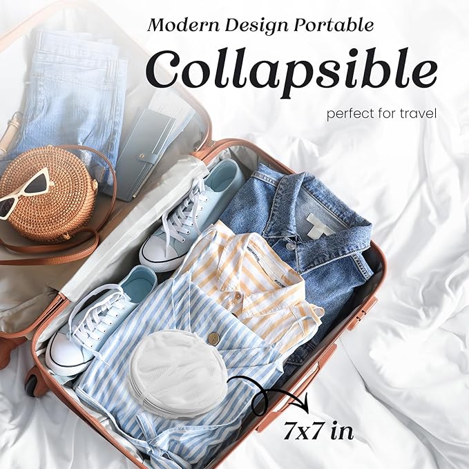 TECHMILLY Collapsible Mesh Pop Up Laundry Hamper with Sturdy Handles and Side Pocket - Portable Foldable Clothes Baskets for Dorm, Bathroom & Travel Storage (White)