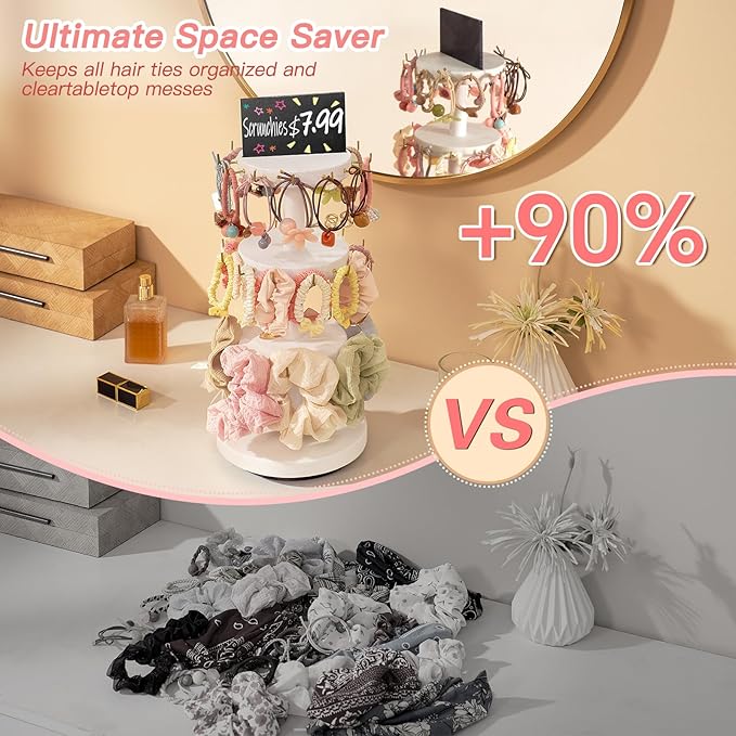 Pinzoveco Scrunchie Holder, 3 Tier Hair Accessories Organizer, Rotating Hair Tie Organizer with 36 Hooks Storage Display Scrunchie Organizer for Women and Girls, White and Gold