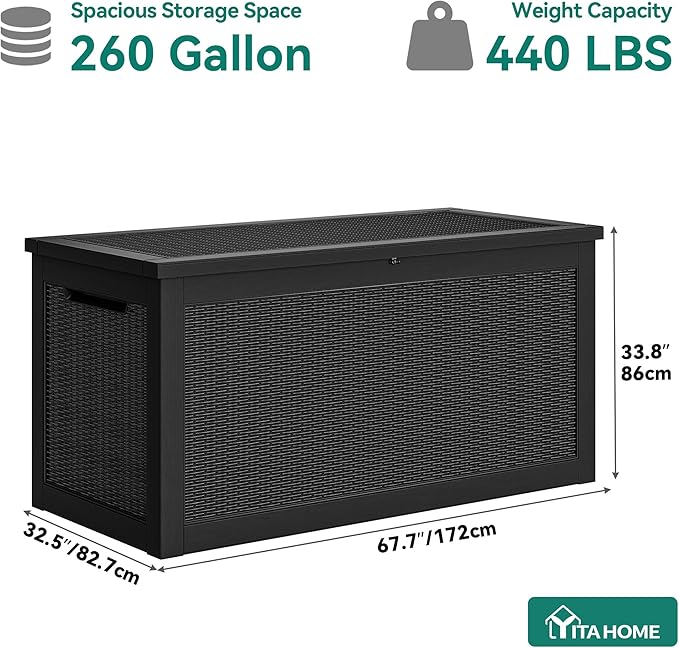 YITAHOME 260 Gallon XXL Large Deck Box, Outdoor Resin Storage Box, Lockable Storage Container for Patio Cushions, Furniture, Garden Tools, Water Resistant (Black)