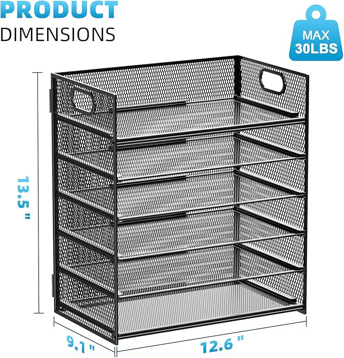 Marbrasse 6 Tier Paper Organizer Letter Tray - Mesh Desk File Organizer with Handle, Paper Sorter Organizer for Letter/A4 Office File Folder Holder - Black