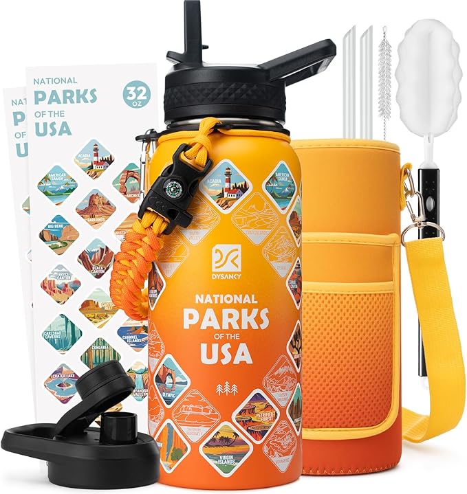 National Parks Water Bottle – 32 oz Insulated Stainless Steel Bottle with 63 Hand-Drawn Park Stickers, Carrier Bag, Strap & Gift Box – BPA-Free – Ideal for Hiking, Camping & Travel