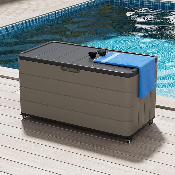 Outdoor Storage Deck Box Waterproof, 110 Gal Wheels Large Lockable Patio Storage Bin Chest, Resin Outside Container Seat Bench for Furniture Cushions, Pool Accessories, Garden Tools & Delivery, Brown