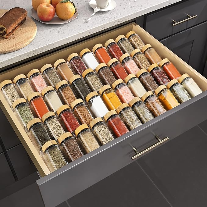 Spice Drawer Organizer 4 Tier, Acrylic Seasoning Organizer Rack, Clear Spice Rack Tray, Kitchen Seasoning Jars Drawers Insert (Jars Not Included/Expandable From 9" to 18")