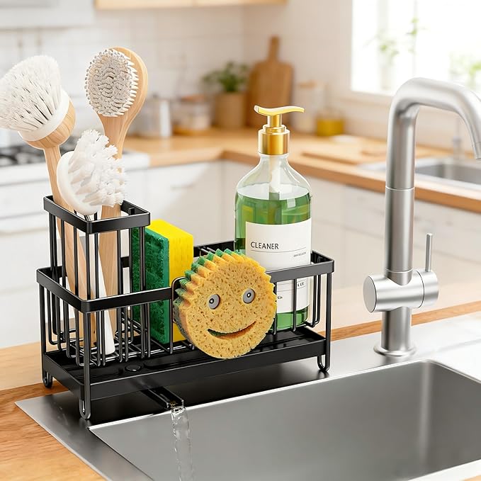 Cisily Sponge Holder for Kitchen Sink, Sink Caddy Organizer with High Brush Holder, Kitchen Countertop Organizers and Storage Essentials, Rustproof 304 Stainless Steel (Black with Smiley Face, 9.25″)