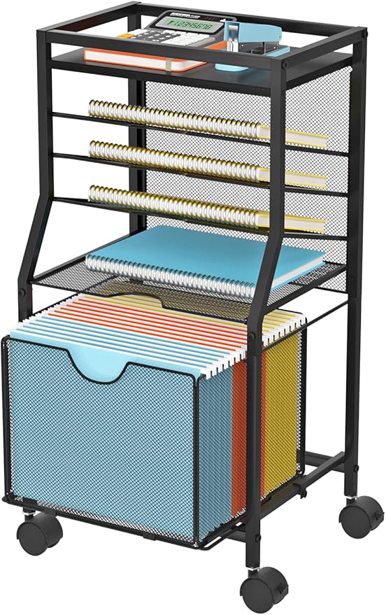 Rolling File Cart, 6-Tier Desk File Organizer on Lockable Wheels, Black Wood Planks & Mesh Sliding Hanging Folder Drawer, Organization Cart for Office Home School