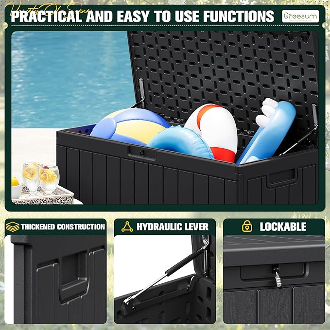 Greesum 90 Gallon HDPE Outdoor Storage Box - Waterproof, Large Capacity Deck Box for Patio, Yard, Garden Tools, Black