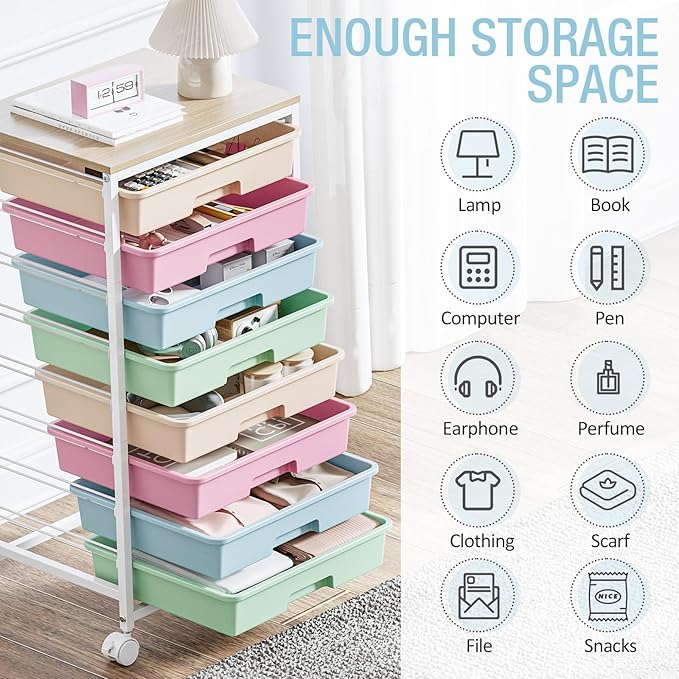 Rolling Storage Cart, Rainbow Cart with 8 Drawers and Wooden Tabletop, Teacher Organization for Classroom, Art Cart for Classroom,Office,Bedroom,Rainbow