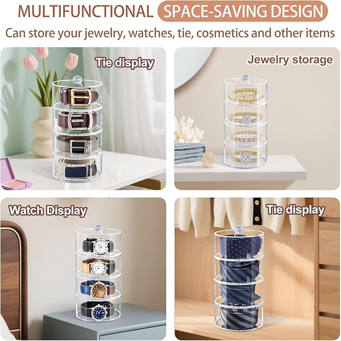 Belt Organizer, 4-Tier Acrylic Belt Storage & Holder for Closet, Clear Acrylic Display Case with Dust Cover for Belts
