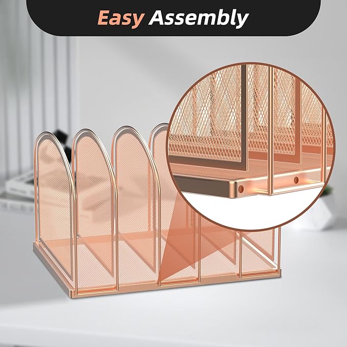 SUPEASY File Organizer for Desk, 5-Section Mesh Desk Organizer, Vertical File Holder Desktop Organizer File Sorter, File Folder Holder for Office Supplies, Rose Gold (Pack of 2)