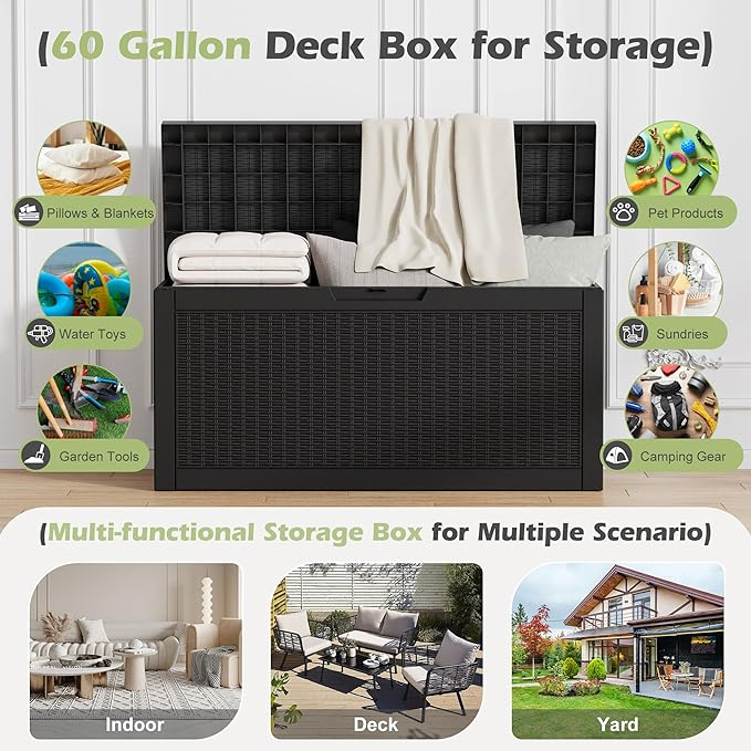 60 Gallon Outdoor Storage Box, Resin Deck Boxes Outdoor Waterproof For Patio Furniture, Garden Tools, Pool Supplies, Lockable And UV Resistant (Rattan Black)