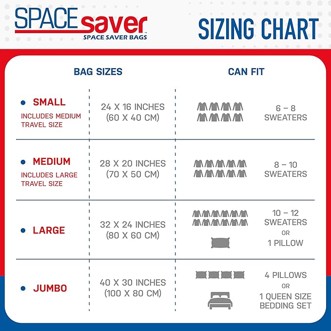 Spacesaver Variety Vacuum Storage Bags for Comforters, Blankets & Clothes – Sealed Compression Bags with Hand Pump – Space Saver Bags for Bedding,Travel & Organization - 3S, 3M, 3L & 3XL - Pack of 12