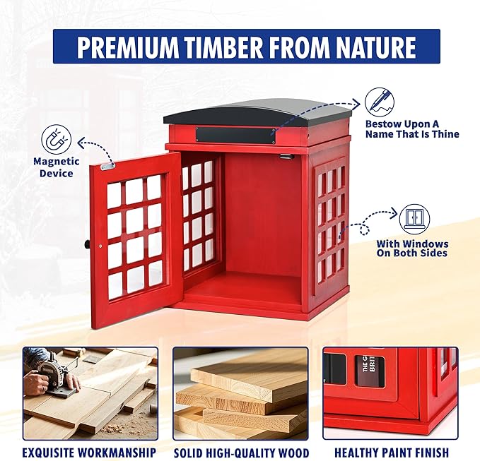 Outdoor Book Sharing Box, Waterproof Tin Roof Wooden Book Exchange Cabinet for Communities, Neighborhoods, and Schools, DIY Literature Storage for Books, Magazines, and Art (Red Tel. Booth)