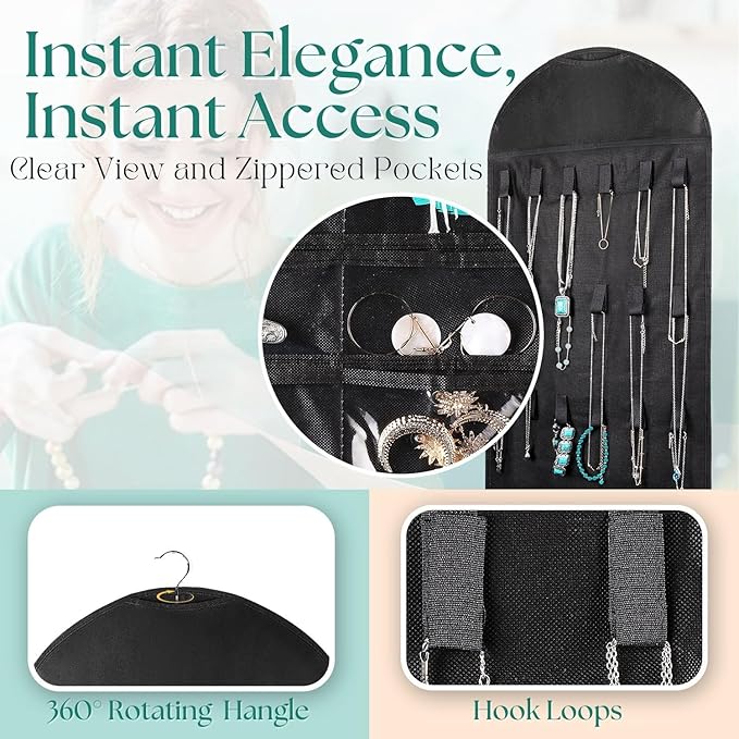 Flexzion Hanging Jewelry Organizer – (1 Pack) Black 32 Clear Pockets & 18 Hooks & Loops, Non-Woven Bag Dual Side Earring Storage Display Holder with for Necklace Bracelet Sunglasses