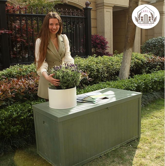 EHHLY 120 Gallon Outdoor Storage Box, Lockable Outside Storage Box Waterproof, Patio Cushions Deck Storage Boxes, Rattan Plastic Garden Hose Containers Resin Pool Storage Bins with lids, Sage Green