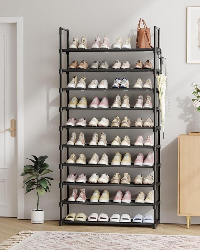 Kitsure Shoe Rack for Closet - 10-Tier Shoe Organizer with Hook Rack, Large-Capacity & Space-Saving Shoe Shelf for Entryway, Bedroom, Living Room,32.2" x 11.8" x 68.5", Black