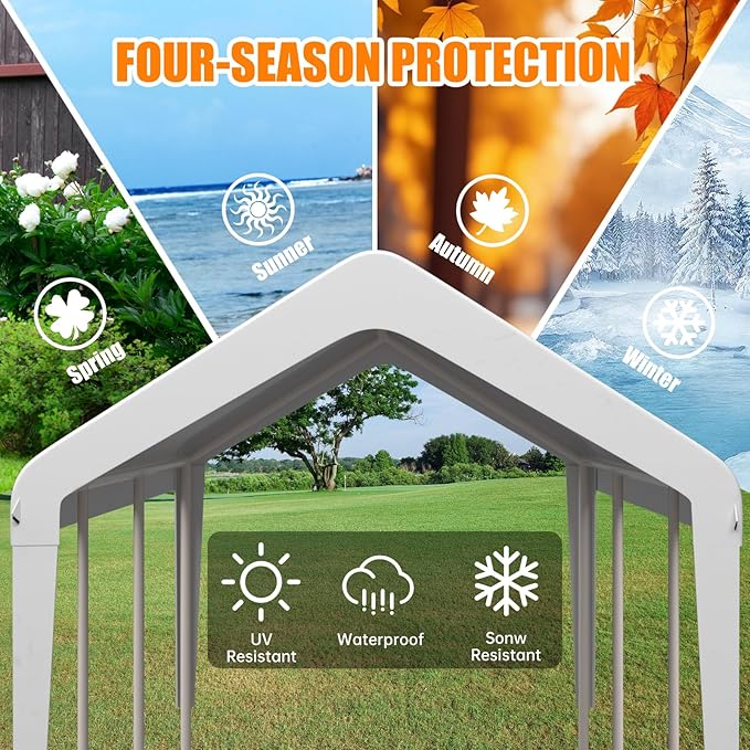 Carport Canopy 10'x20' Heavy Duty Replacement Cover, Garage Shelter Cover 800D Oxford Waterproof & UV Protected Tarp with Ball Bungees, Not Include Frame, White