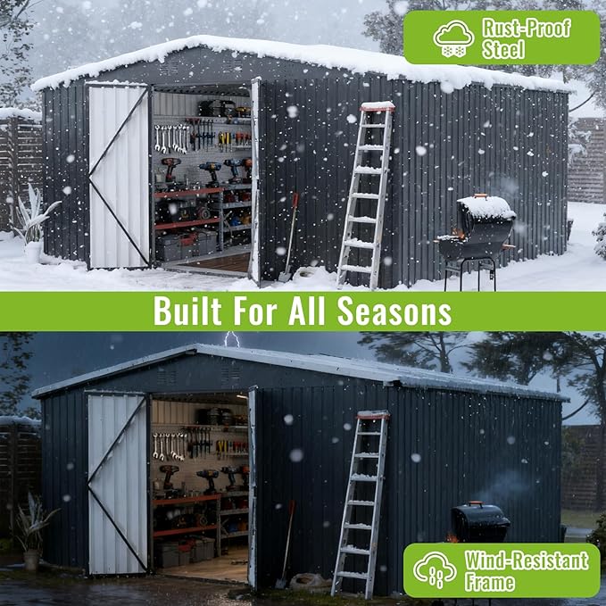 14X12 FT Outdoor Storage Shed, Metal Garden Tool Shed with Updated Frame Structure and Lockable Doors, Ideal for Backyard Garden Patio Lawn