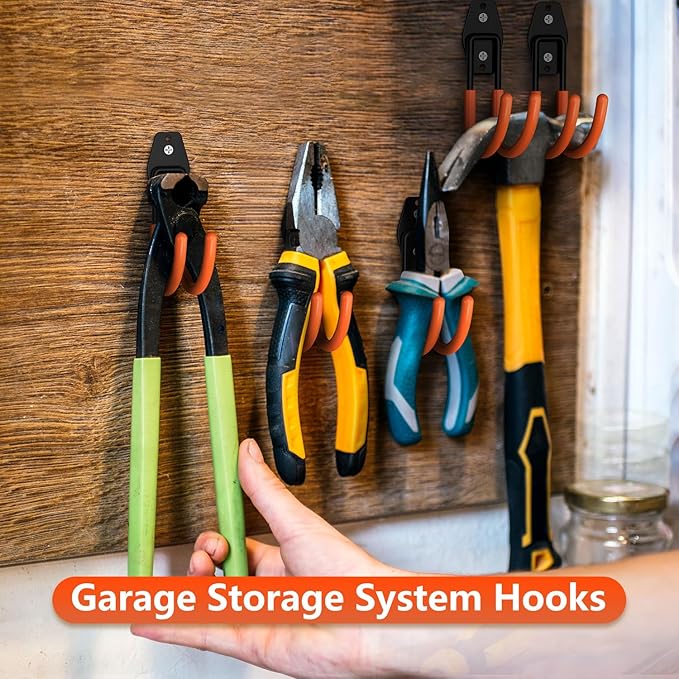 Garage Hooks Heavy Duty, Rust-Resistant Solid Steel Wall Mount Hangers for Hanging Ladders & Bikes, Non-Slip PVC Coating Tool Organizer (4 Pack Orange 5.5x4.1 Inch)