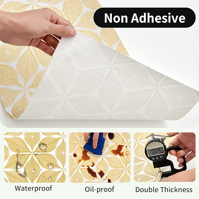 Shelf Liners for Kitchen Cabinets 23.62in x 39.5FT, Non Adhesive Cabinet Liner Strong Non-Slip Golden Leaf Drawer Liner, Easy to Clean for Shelf, Cabinet with Knife and Tape Measure