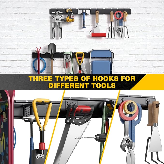 Garage Tool Organizer Wall Mount with 96 inches Rails and 13 Adjustable Heavy-Duty Hooks, Garden Tool Organizer, 19 Pack Carries 820 lbs, Heavy Duty Garage Storage Rack For Yard, Shed, Easy to install