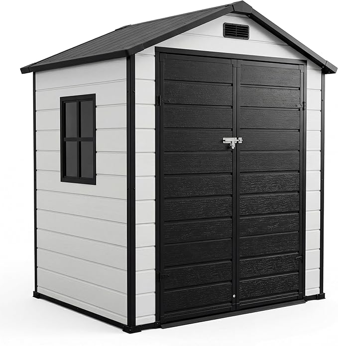 6x4 FT Outdoor Storage Shed with Floor, Plastic Resin Garden Shed with Window & Sloping Roof & Lockable Door for Patio Backyard Garden, Lawn Mower, Bike, Tool Storage