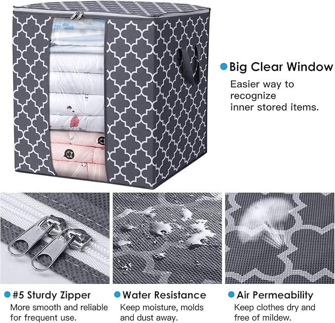 WISELIFE Storage Bags 6 Pack/100L Large Blanket Clothes Organization and Storage Containers for Comforters,Bedding, Foldable Organizer with Reinforced Handle, Clear Window, Sturdy Zippers,Gray