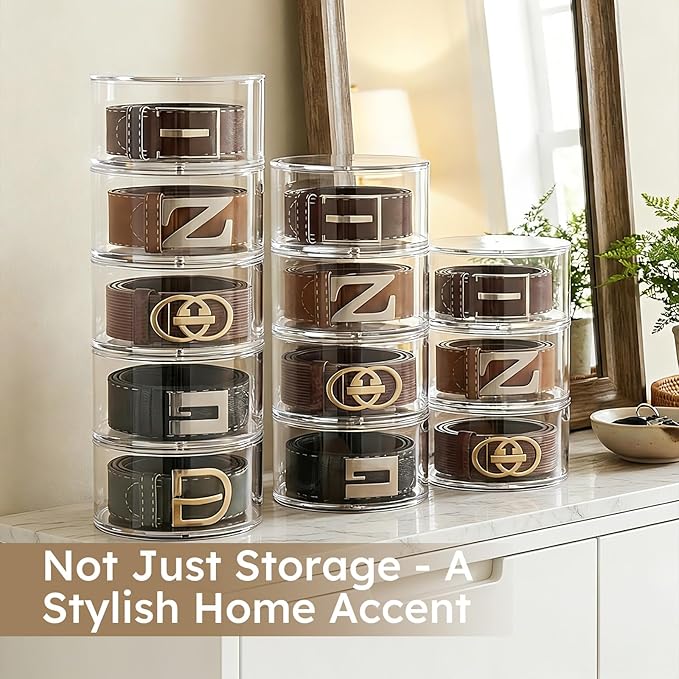 FEMELI Belt Organizer, Acrylic Belt Storage Holder for Closet & Drawer, 3-Layer Stackable Display Case for Belts, Watches, Jewelry and Ties