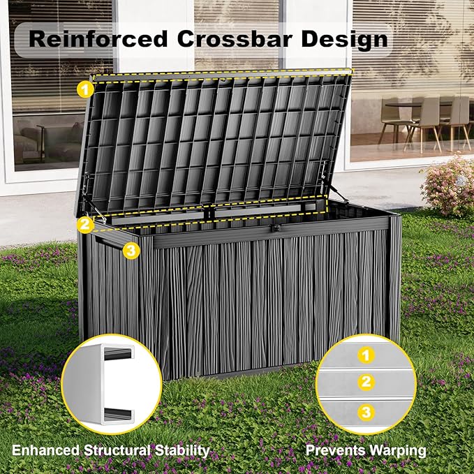 200 Gallon Waterproof Outdoor Storage Box, UV Resistant Resin Deck Box with Hydraulic Rod for Reinforced Stability, Perfect for Patio, Garden, and Pool（Black，200 Gallon）