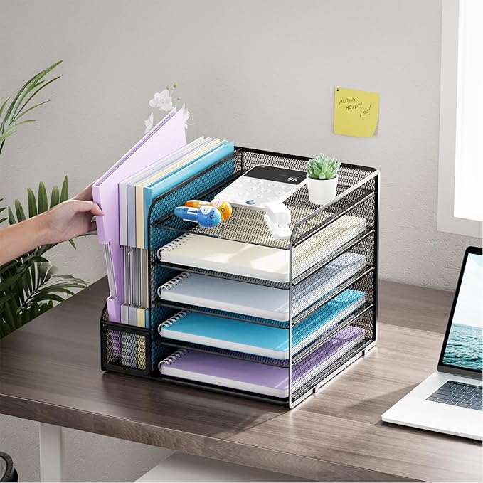Marbrasse Desk Organizers and Accessories, 5-Tier Paper Letter Tray Organizer with File Holder, Mesh File Organizer, Office Desk Accessories & Organization for Supplies (Black)