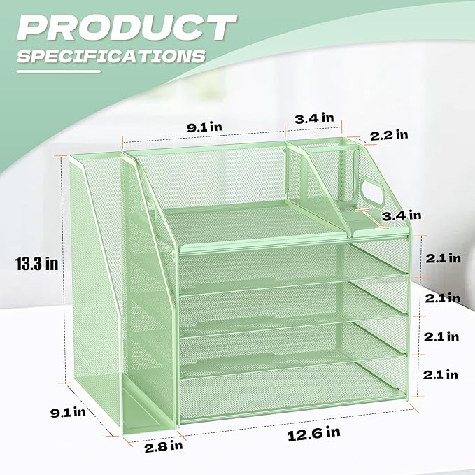 DocNest 5 Tier Paper Letter Tray File Organizer, Mesh Desk File with Handle, Workspace Desk Organizers with Pen Holder, Office Organization Storage Accessories - Green
