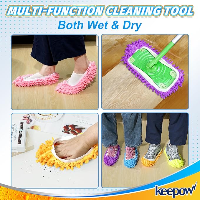 KEEPOW Mop Slippers Shoes Microfiber Floor Cleaning Tool House Mop Socks Shoe Cover Mopping Slippers Shoes Cover Soft Washable Reusable Foot Socks for Women Men Floor Cleaning Tool (5 Pairs)