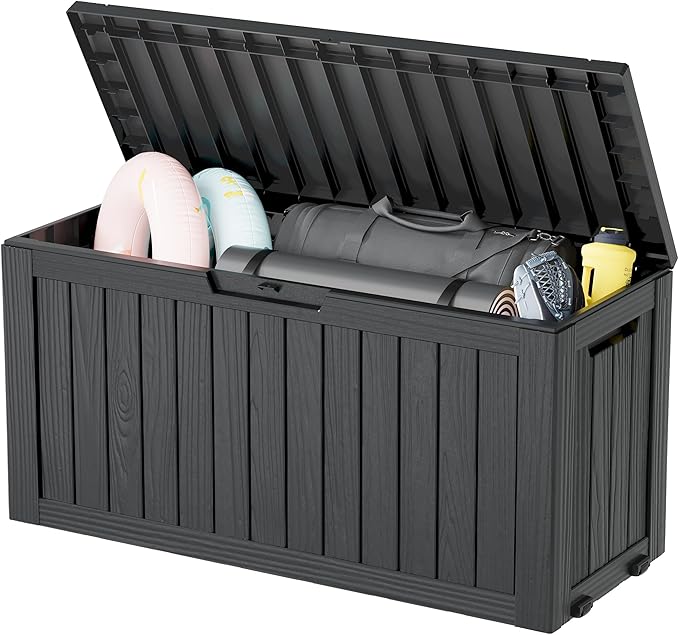 NUNU LAB 75 Gallon Outdoor Storage Box,Deck Box Resin Large Sturdy, Backyard Outside Storage Box Waterproof with Double Wall Panels,Package Delivery Box,Garden Outdoor Hose Storage Bin