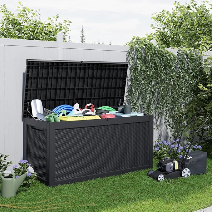 ROJIK Outdoor Storage Housing Deck Box - Waterproof Patio Furniture, Garden Tools, Cushions, Pool Accessories Storage Bench with Lockable Lid and Side Handles (Black, 315 Gal)
