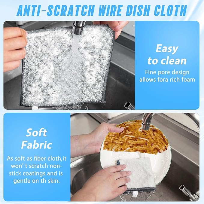 10 PCS Four-Layer Non-Scratch Multipurpose Steel Wire Dishcloths - Reusable Quick-Dry Odor-Free Scrub Cloths for Dishes, Kitchen Cleaning Cloths for Cookware, Sinks, Stove Tops(7.87X7.87)