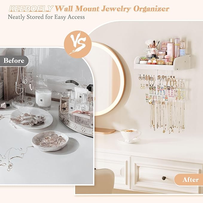 Keebofly Wall Mounted Jewelry Organizer 7-in-1 with Large Stepped Rustic Whitewood Shelves - Iron Jewelry Holder for Earring, Necklace, Bracelet Storage + Makeup/Perfume/Nail Polish Display