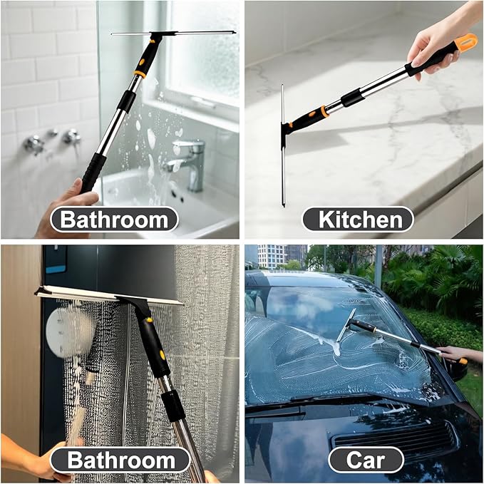 ITTAHO Shower Squeegee for Glass Doors, All-Purpose Extendable Window Squeegee with 2 Blades and Stainless Steel Pole, Window Cleaner Tool for Shower Doors, Windows, Bathroom and Car Windshields