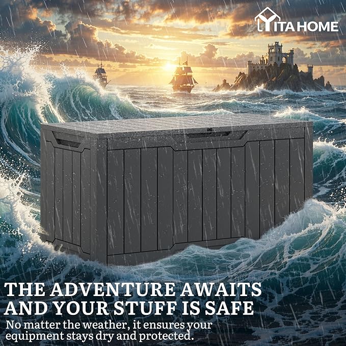 YITAHOME 100 Gallon Outdoor Storage Box, Large Water Resistant Resin Deck Box, Indoor Outdoor Lockable Storage Container for Patio, Garden, Cushions, Tools, Equipment (Dark Gray)