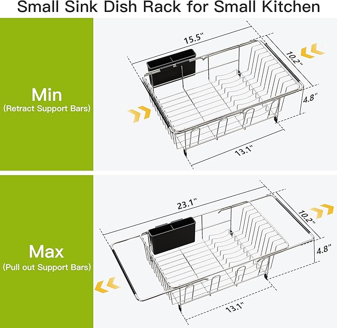 JASIWAY Dish Drying Rack in Sink, Expandable Stainless Steel Dish Drainers for Kitchen Counter, Dish Dryer Rack for Inside Sink, Over The Sink Dish Racks with Utensil Holder, Silver
